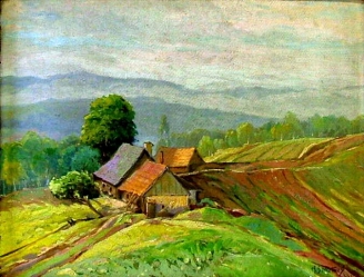 SMUTNÝ Antonín (1890): „Mlhy u Dolní Bečvy“, ol. na lep.