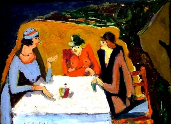 SEKORA Ondřej (1899-1967): „V kavárně“, enkaustika na dřevěné desce