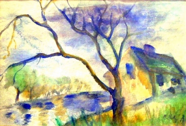 HOLÝ Miloslav (1897-1974): „Dům u řeky“, akvarel na papíře
