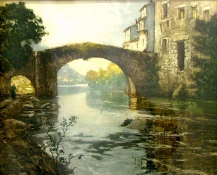 LECOMTE Paul Emile (1877-1950): „Most přes řeku“, barevná hlubotisková grafická technika