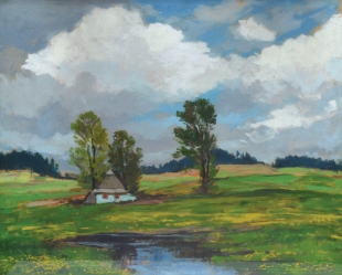 MACOUN Gustav (1891-1934): Krajina s chalupou a rybníčkem.