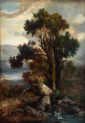 SCHNEIDER Wilhelm (1864-1935 v Karlových Varech): Krajina s vysokými stromy.